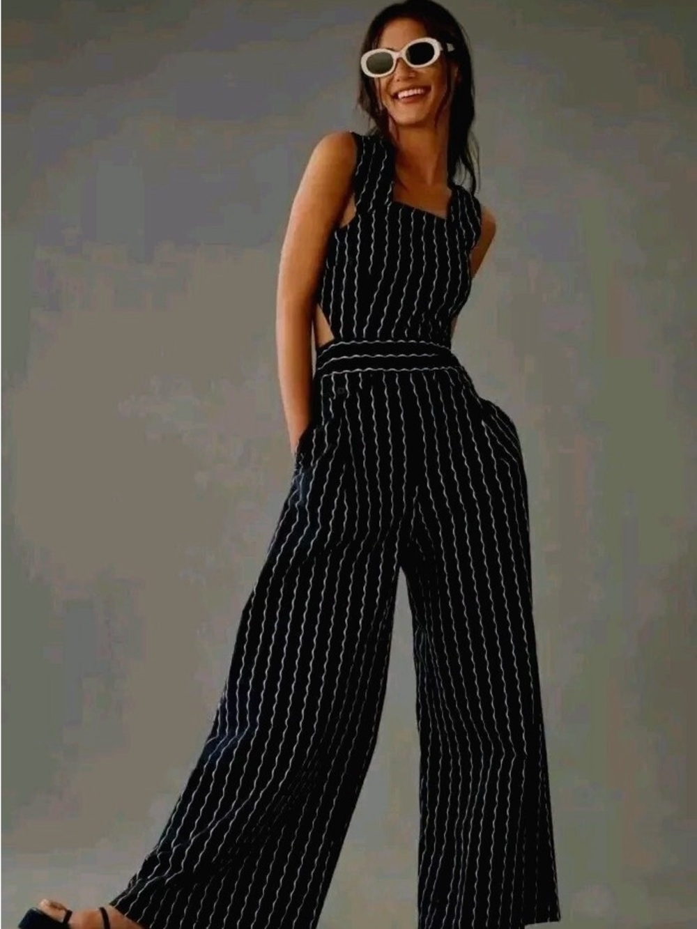 Anthropologie Maeve  navy pinstripe pinafore jumpsuit